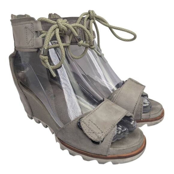 Sorel Joanie Light Gray Leather Wedge Sporty Platform Heel Sandals Womens 6.5 - Picture 3 of 8